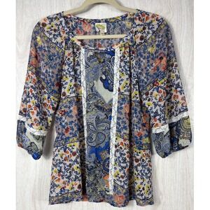 Anthropologie Fig & Flower Floral Top S‎ Sheer 3/4 Sleeve Boho Chic